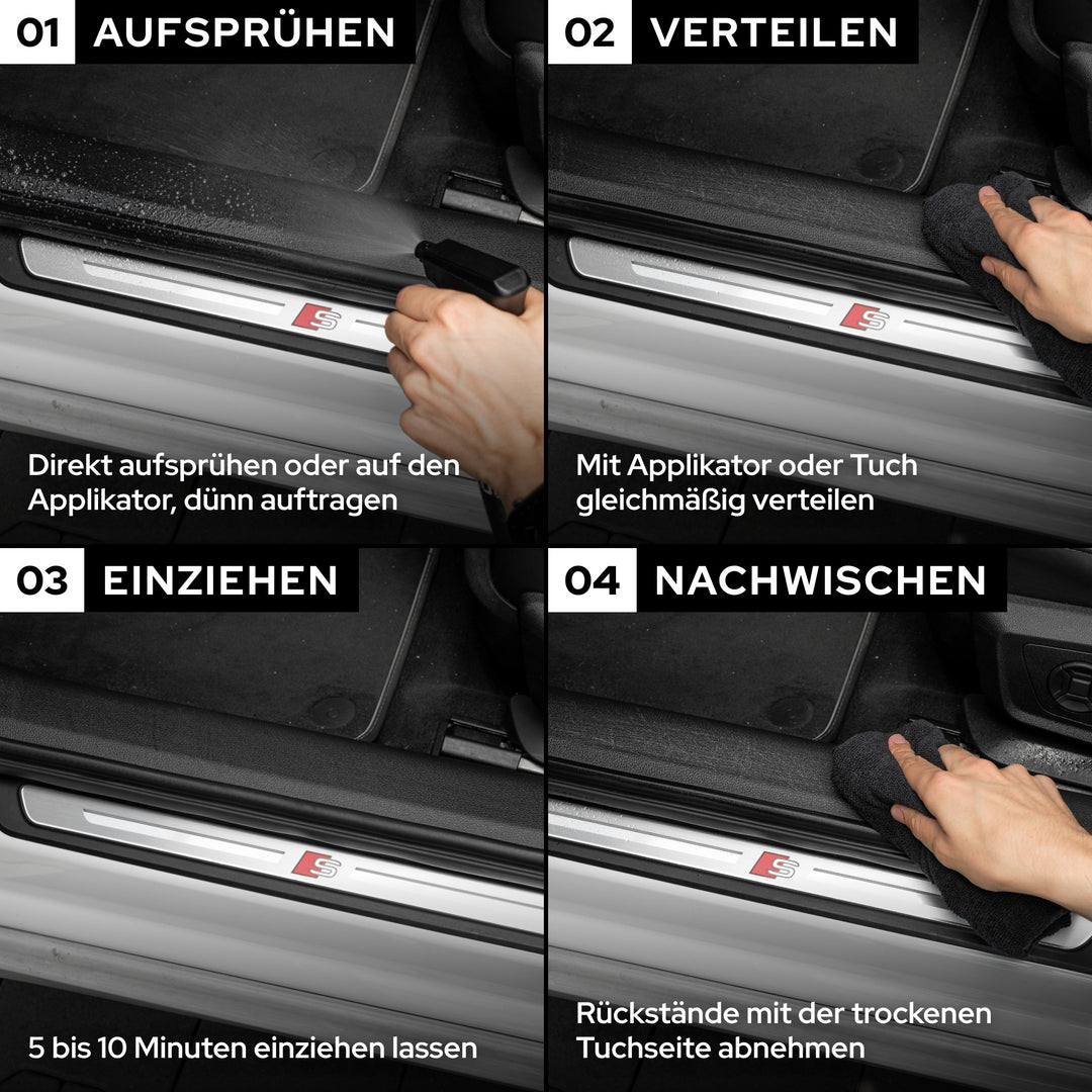 KULT Innenraumpflege an der Einstiegsleiste: aufsprühen, verteilen, 5–10 Minuten einziehen lassen, nachwischen