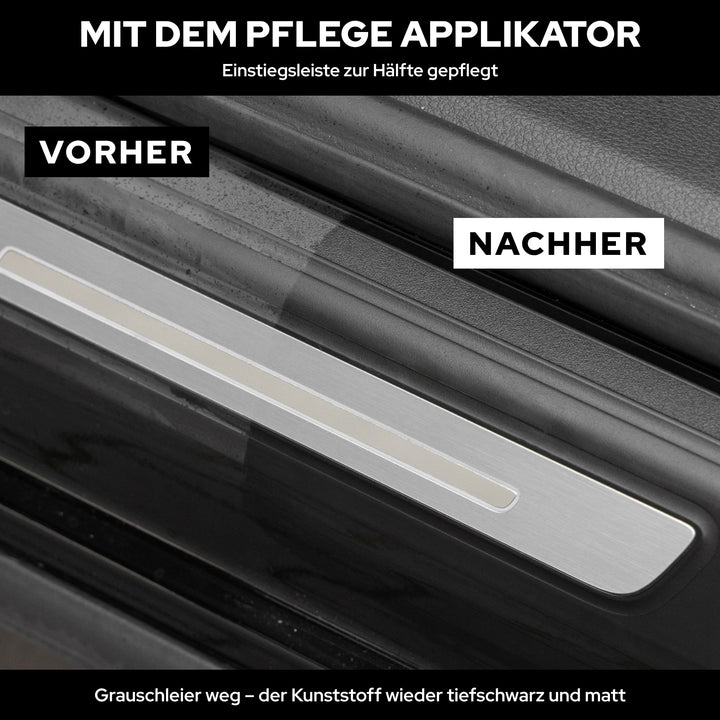 Einstiegsleiste zur Hälfte mit KULT Innenraumpflege und Pflege Applikator behandelt: links grau, rechts tiefschwarz