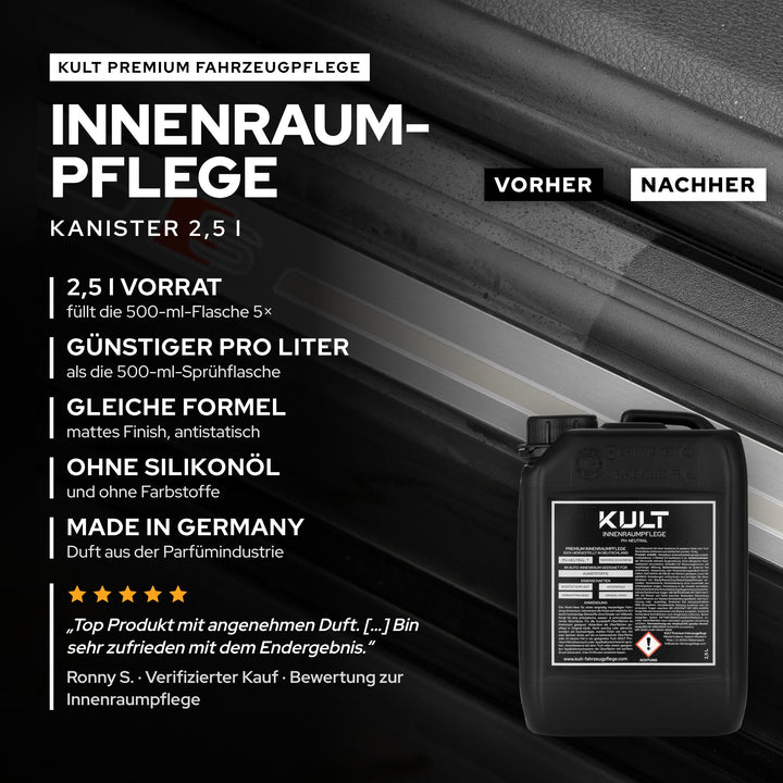 KULT Innenraumpflege im 2,5-l-Kanister: füllt die 500-ml-Flasche 5×, mattes Finish, ohne Silikonöl, Made in Germany