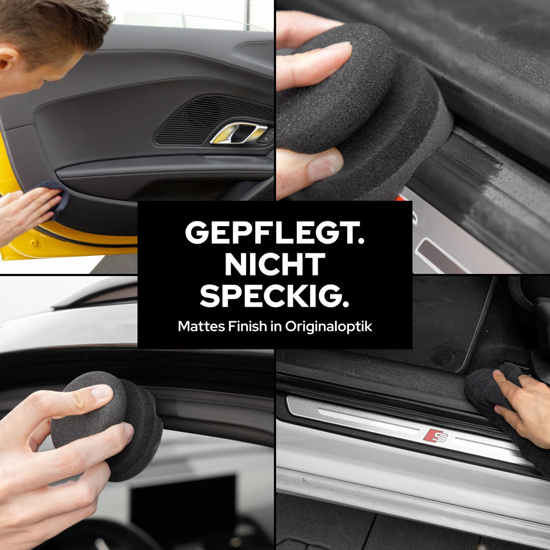 KULT Innenraumpflege mit Applikator und Tuch an Türverkleidung, Einstiegsleiste und Dichtung: gepflegt, mattes Finish