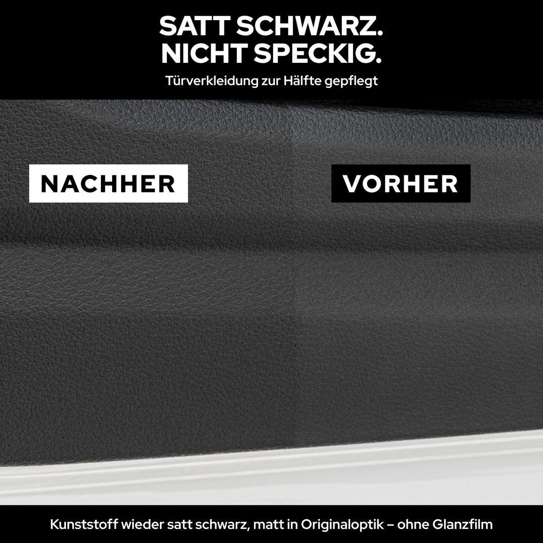 Vorher-Nachher: Türverkleidung zur Hälfte mit KULT Innenraumpflege behandelt, links satt schwarz und matt, rechts grau