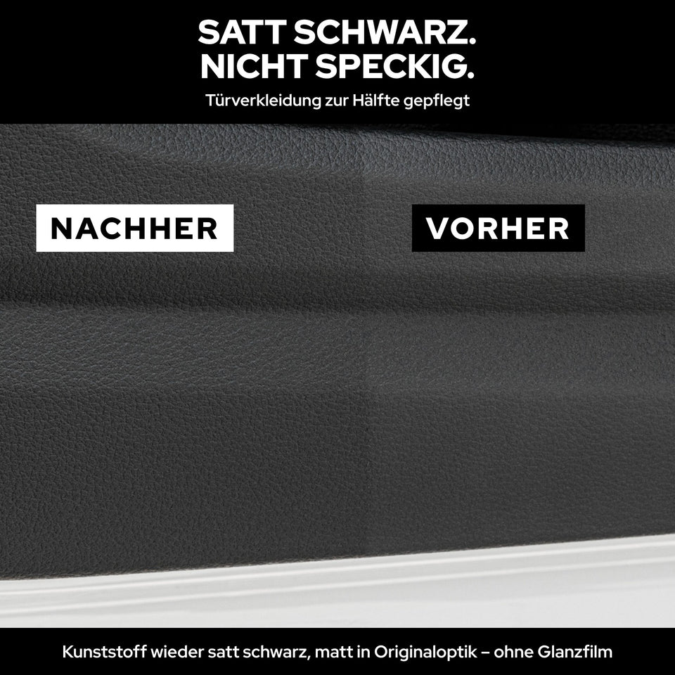 Vorher-Nachher: Türverkleidung zur Hälfte mit KULT Innenraumpflege behandelt, links satt schwarz und matt, rechts grau