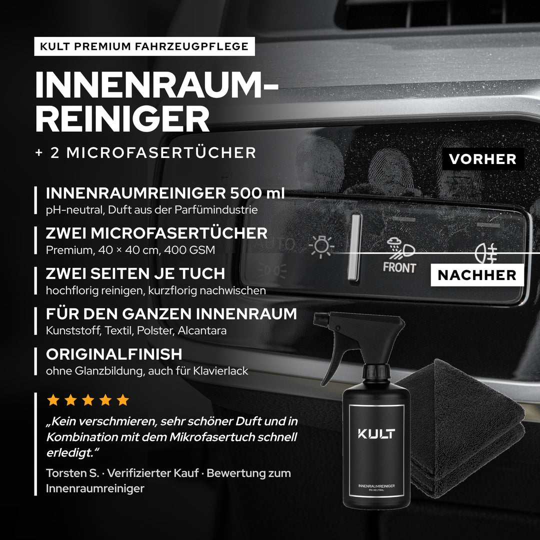 KULT Innenraumreiniger pH-neutral 500 ml mit zwei Premium Microfasertüchern 40 × 40 cm für den ganzen Innenraum