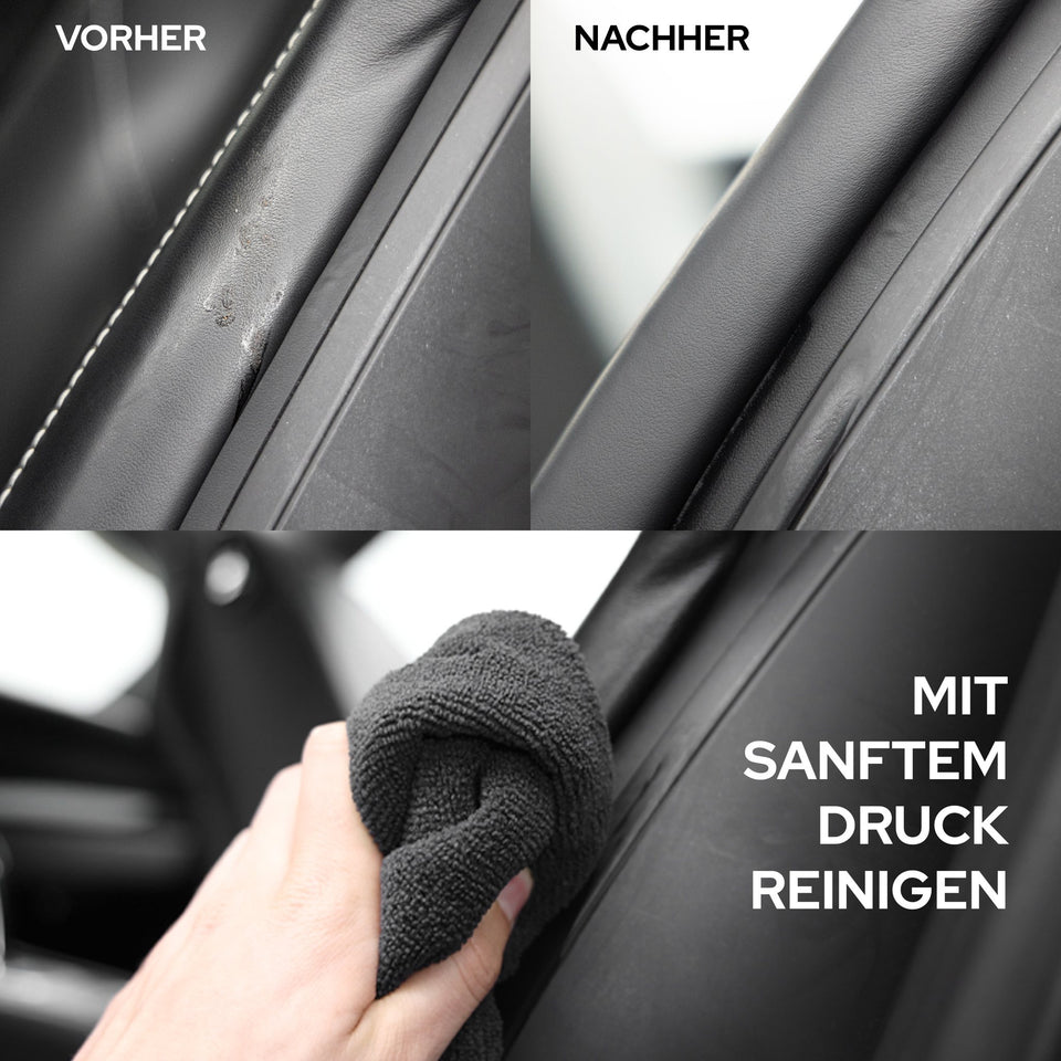 Leder-Sitzwange vorher und nachher, mit sanftem Druck gereinigt