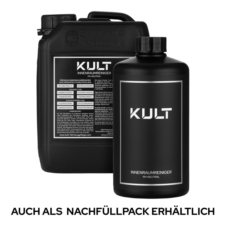 KULT Innenraumreiniger als 500-ml-Flasche und als Kanister zum Nachfüllen