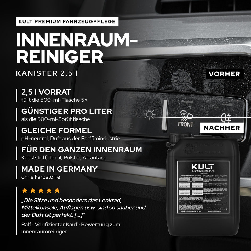 Grafik: KULT Innenraumreiniger im 2,5-Liter-Kanister vor einem Fahrzeug-Cockpit mit den wichtigsten Eigenschaften