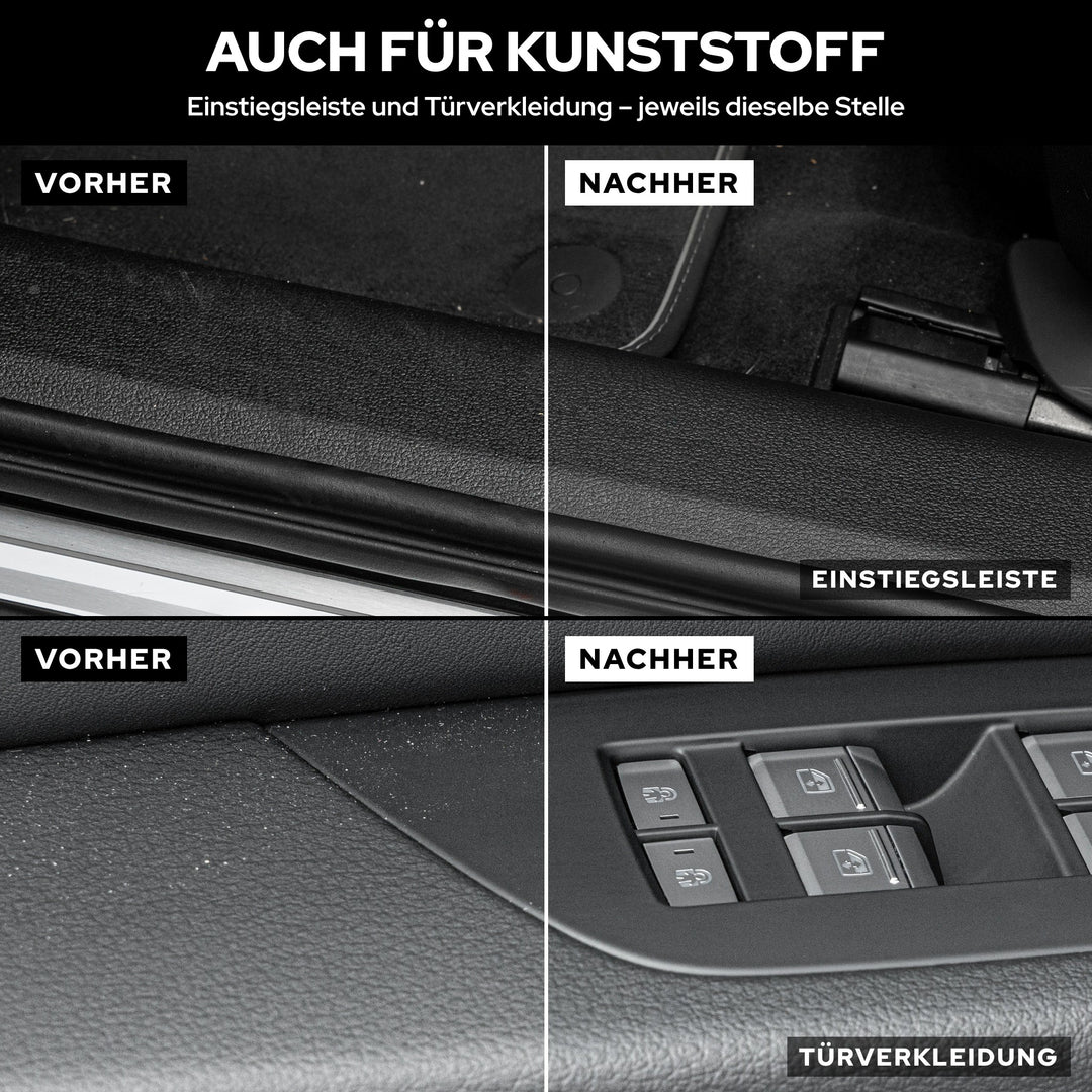 Vorher-Nachher: Einstiegsleiste und Türverkleidung aus Kunststoff, gereinigt mit KULT Innenraumreiniger