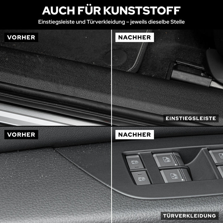 Vorher-Nachher: Einstiegsleiste und Türverkleidung aus Kunststoff, gereinigt mit KULT Innenraumreiniger