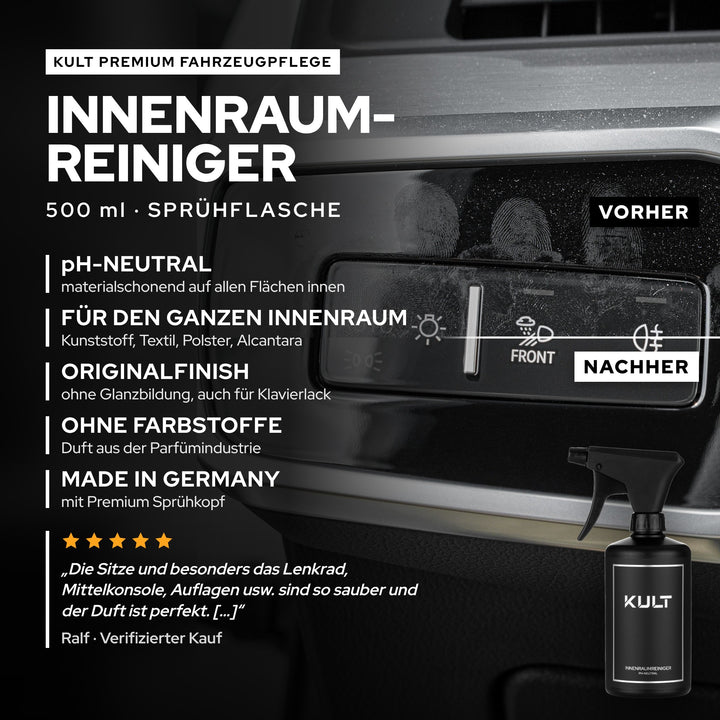 KULT Innenraumreiniger pH-neutral 500 ml: für Kunststoff, Textil und Alcantara, Originalfinish, Made in Germany