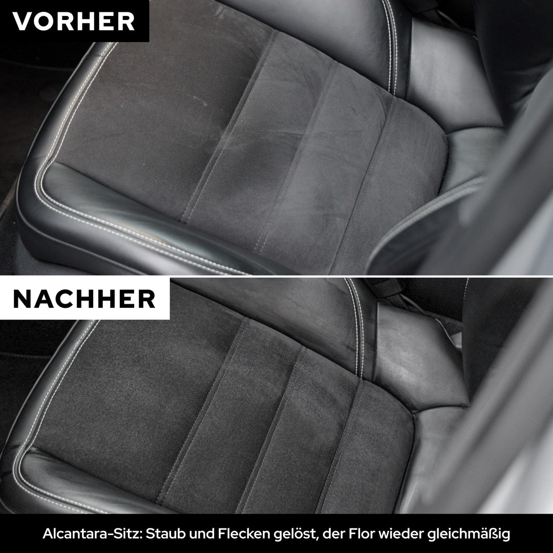 Vorher-Nachher: fleckiger Alcantara-Sitz und derselbe Sitz gleichmäßig sauber nach der Reinigung mit KULT Innenraumreiniger