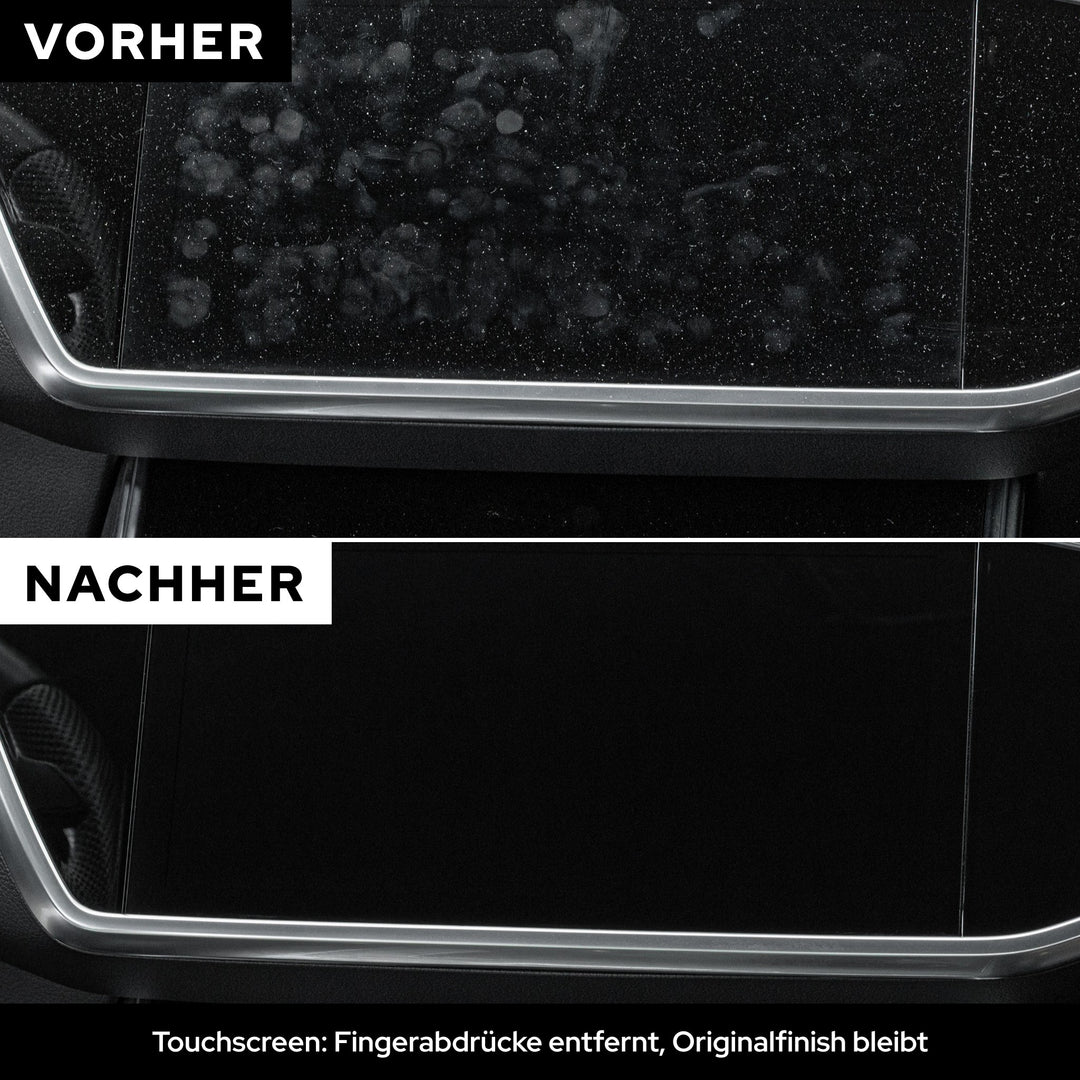 Vorher-Nachher: Touchscreen mit Fingerabdrücken und nach der Reinigung mit KULT Innenraumreiniger