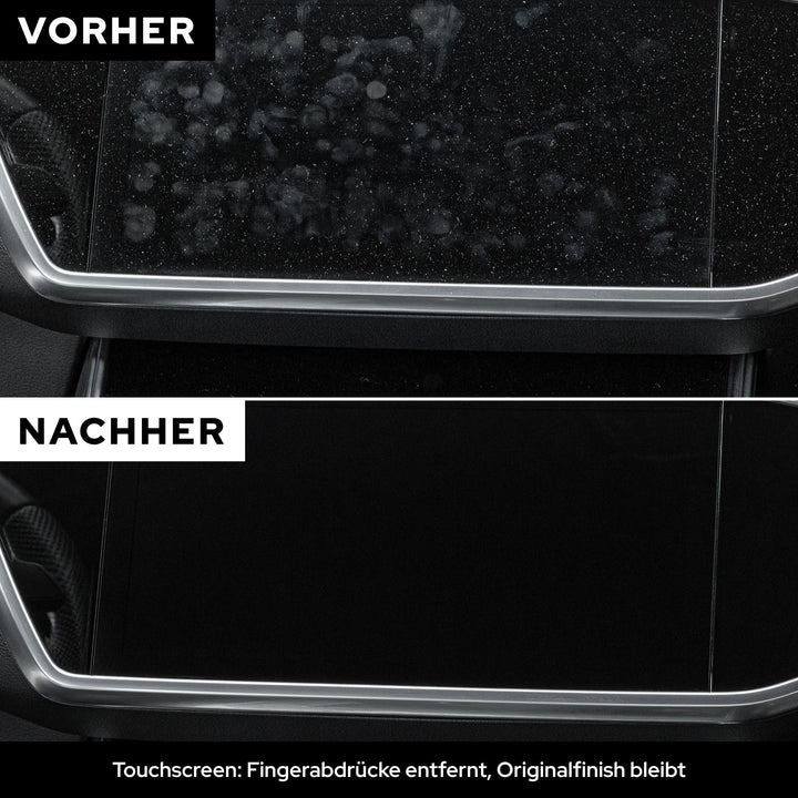 Vorher-Nachher: Touchscreen mit Fingerabdrücken und nach der Reinigung mit KULT Innenraumreiniger