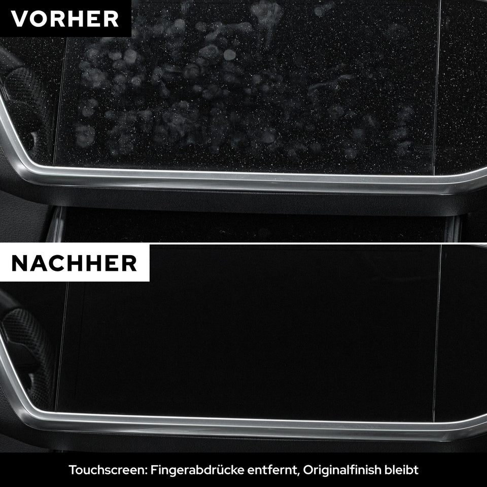 Vorher-Nachher an einem Touchscreen: Fingerabdrücke entfernt, Originalfinish bleibt