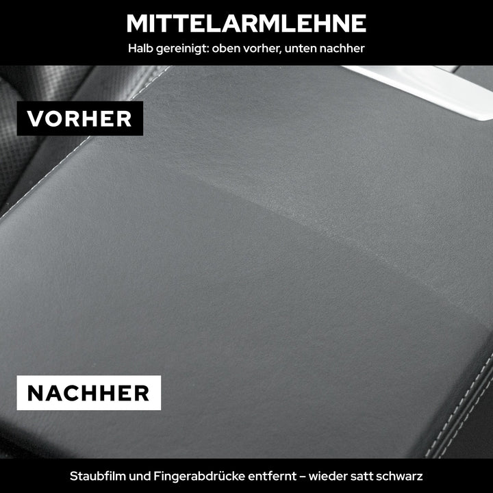 Mittelarmlehne zur Hälfte mit KULT Innenraumreiniger gereinigt: oben staubig grau, unten wieder satt schwarz
