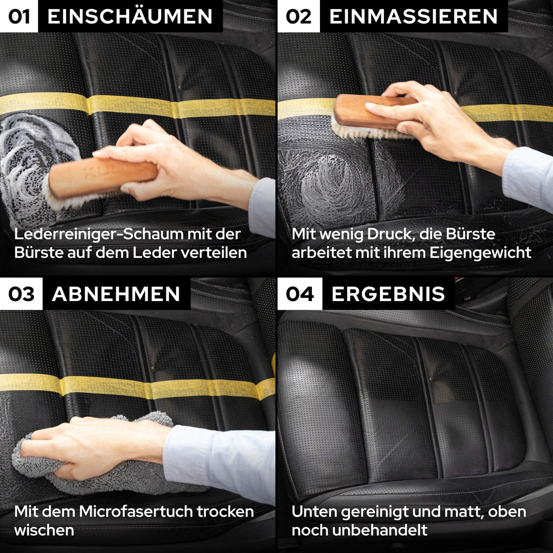 KULT Innenreinigungsbürste am selben Ledersitz: einschäumen, mit wenig Druck einmassieren, trocken abnehmen, Ergebnis