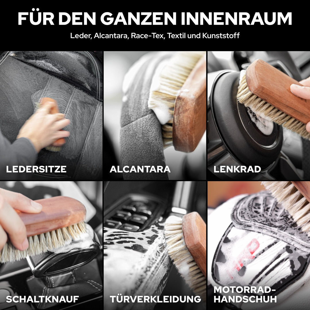 KULT Rosshaarbürste für Ledersitze, Alcantara, Lenkrad, Schaltknauf, Türverkleidung und Motorradhandschuh