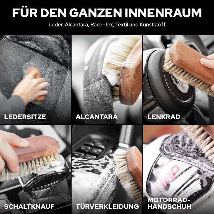 KULT Rosshaarbürste für Ledersitze, Alcantara, Lenkrad, Schaltknauf, Türverkleidung und Motorradhandschuh