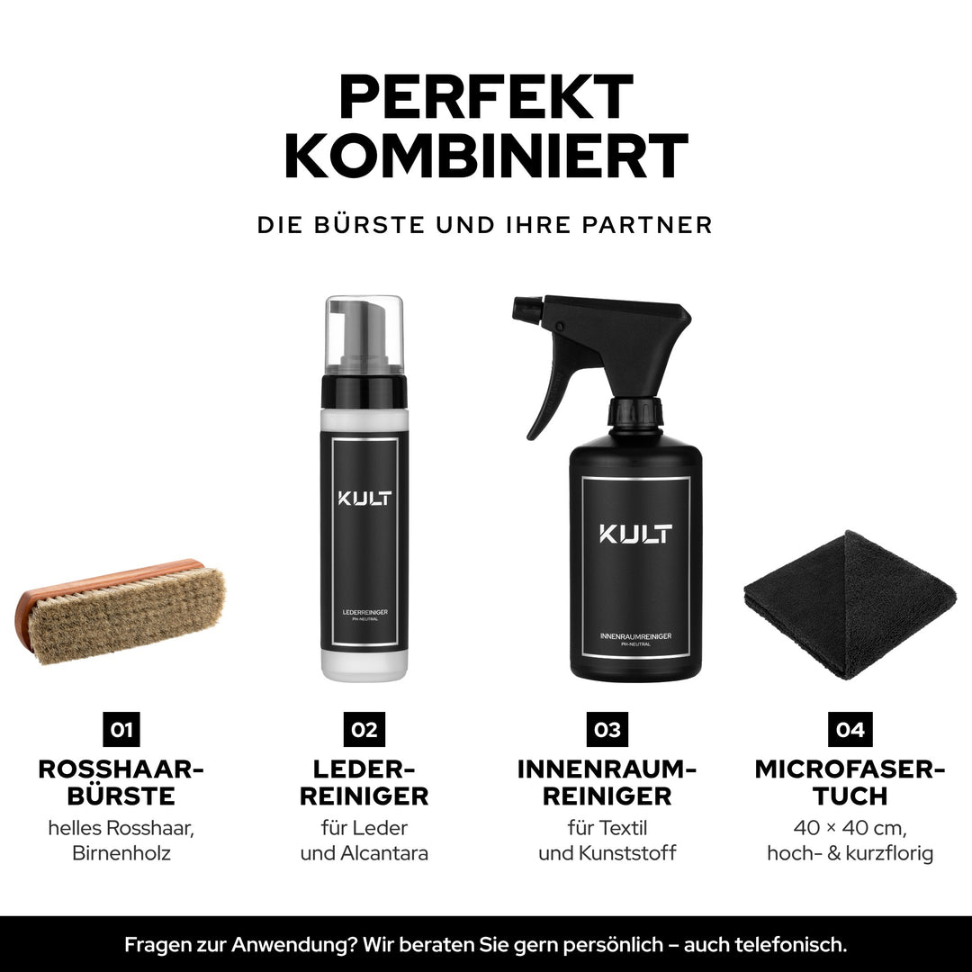 KULT Innenreinigungsbürste mit Lederreiniger, Innenraumreiniger und Microfasertuch für die Innenreinigung