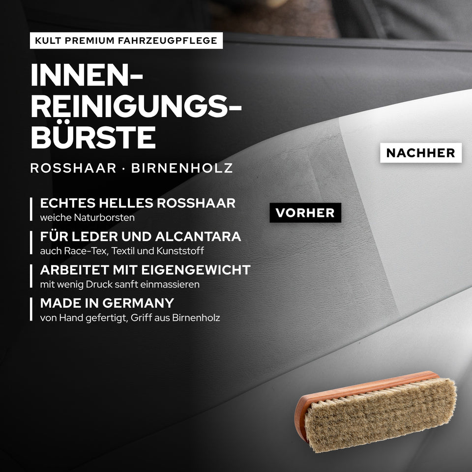 KULT Innenreinigungsbürste aus hellem Rosshaar und Birnenholz mit Vorher-Nachher-Ausschnitt einer Ledersitzfläche