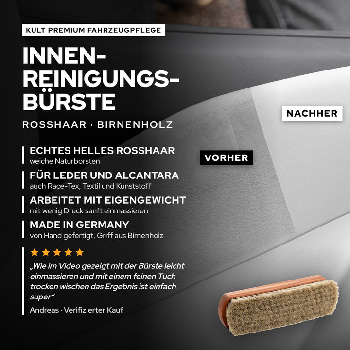 KULT Innenreinigungsbürste aus hellem Rosshaar und Birnenholz für Leder, Alcantara, Textil und Kunststoff