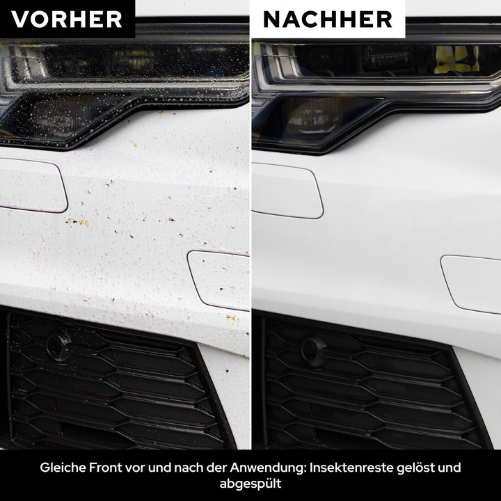 Vorher-Nachher an derselben Fahrzeugfront: Insektenreste an Scheinwerfer und Stoßfänger mit KULT Insektenentferner gelöst