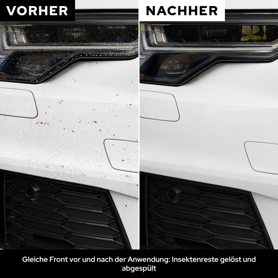 Vorher-Nachher an derselben weißen Fahrzeugfront: Insektenreste gelöst und abgespült