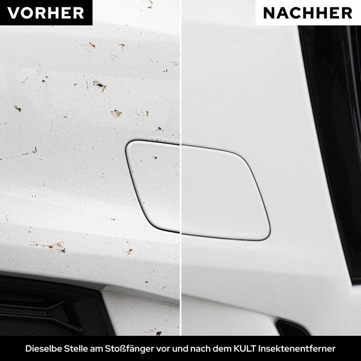 Vorher-Nachher an derselben Stelle: links Insektenreste am Stoßfänger, rechts sauber mit KULT Insektenentferner