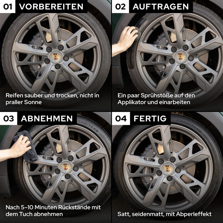 KULT Kunststoff & Reifen Pflege am selben Reifen: vorbereiten, mit Applikator auftragen, nach 5–10 Minuten abnehmen, fertig