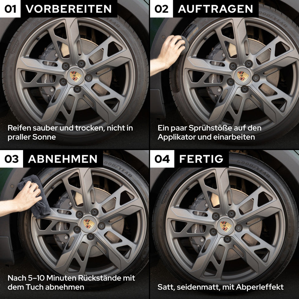 KULT Kunststoff & Reifen Pflege am selben Reifen: vorbereiten, mit Applikator auftragen, nach 5–10 Minuten abnehmen, fertig
