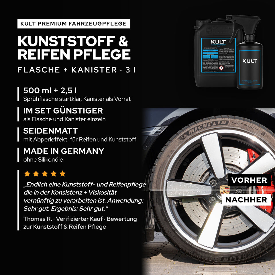 KULT Kunststoff & Reifen Pflege Matt als Set: 500-ml-Sprühflasche und 2,5-l-Kanister neben einem Rad mit Trennkante, links vorher, rechts nachher