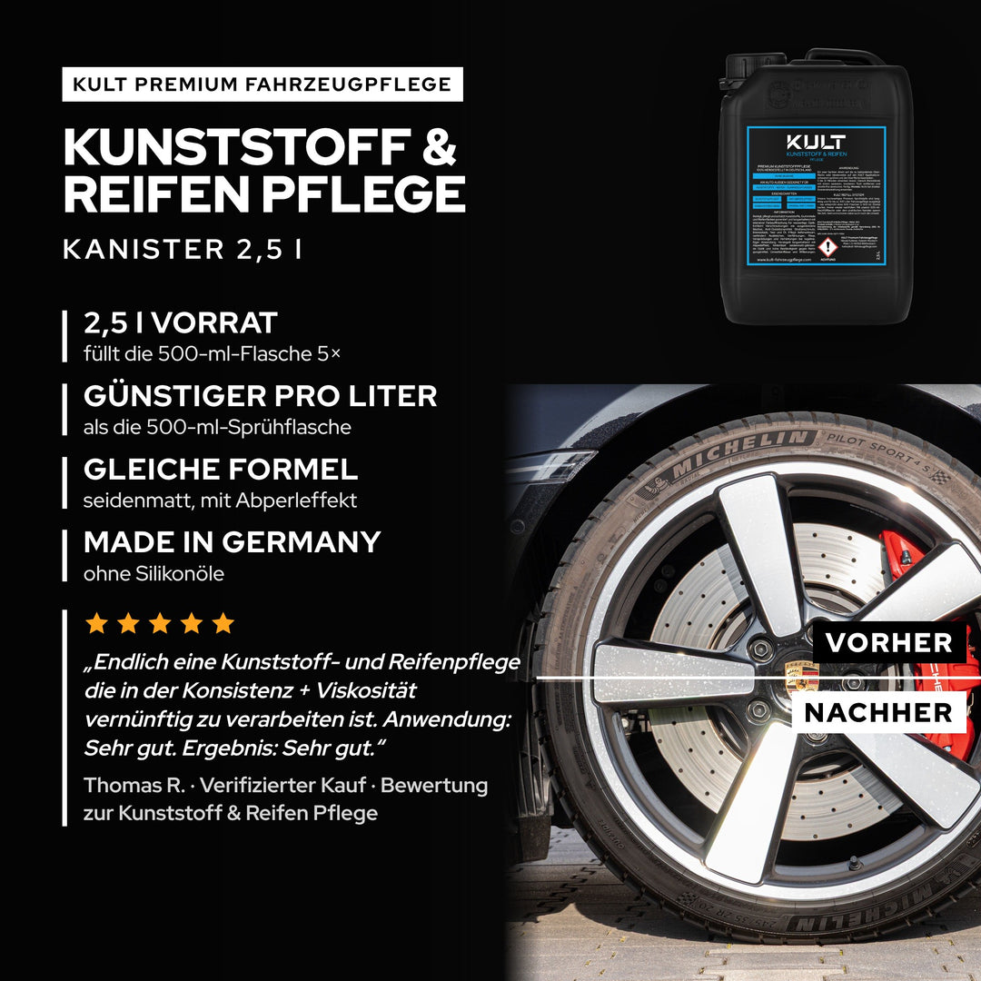 KULT Kunststoff & Reifen Pflege Matt im 2,5-l-Kanister: füllt die 500-ml-Flasche 5×, günstiger pro Liter