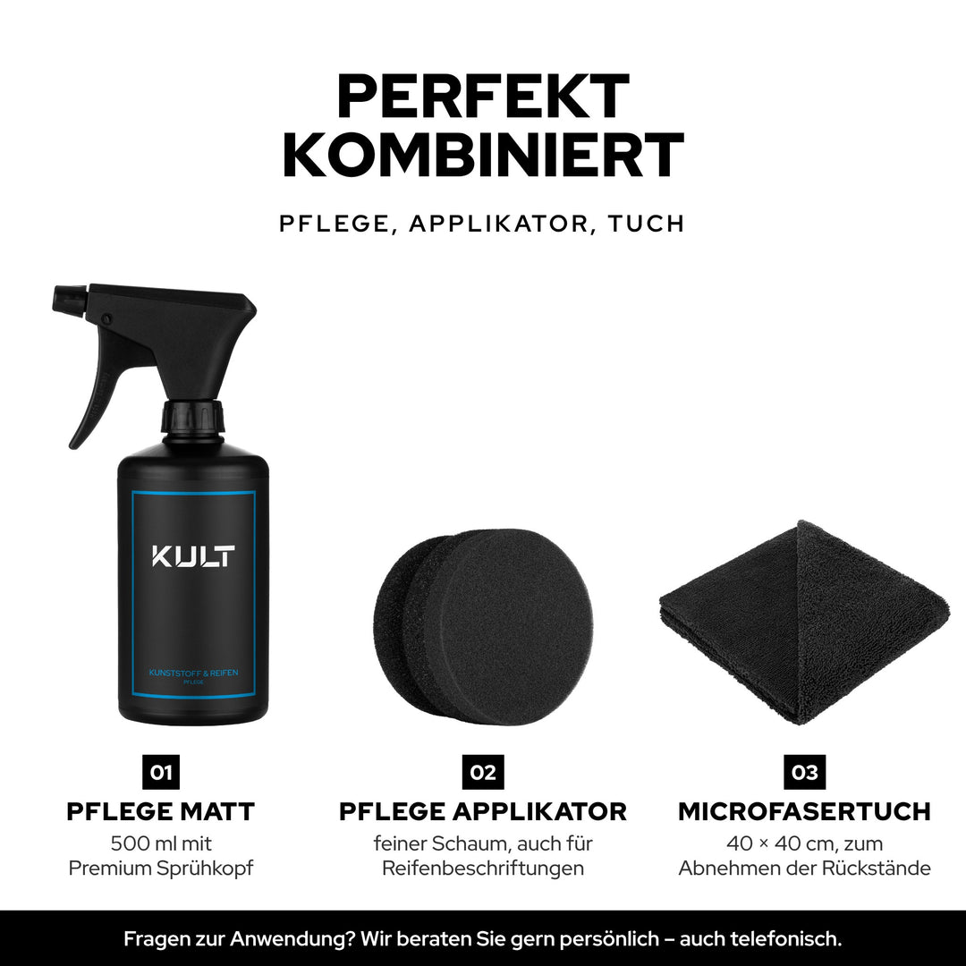 KULT Kunststoff & Reifen Pflege Matt mit Pflege Applikator und Premium Microfasertuch