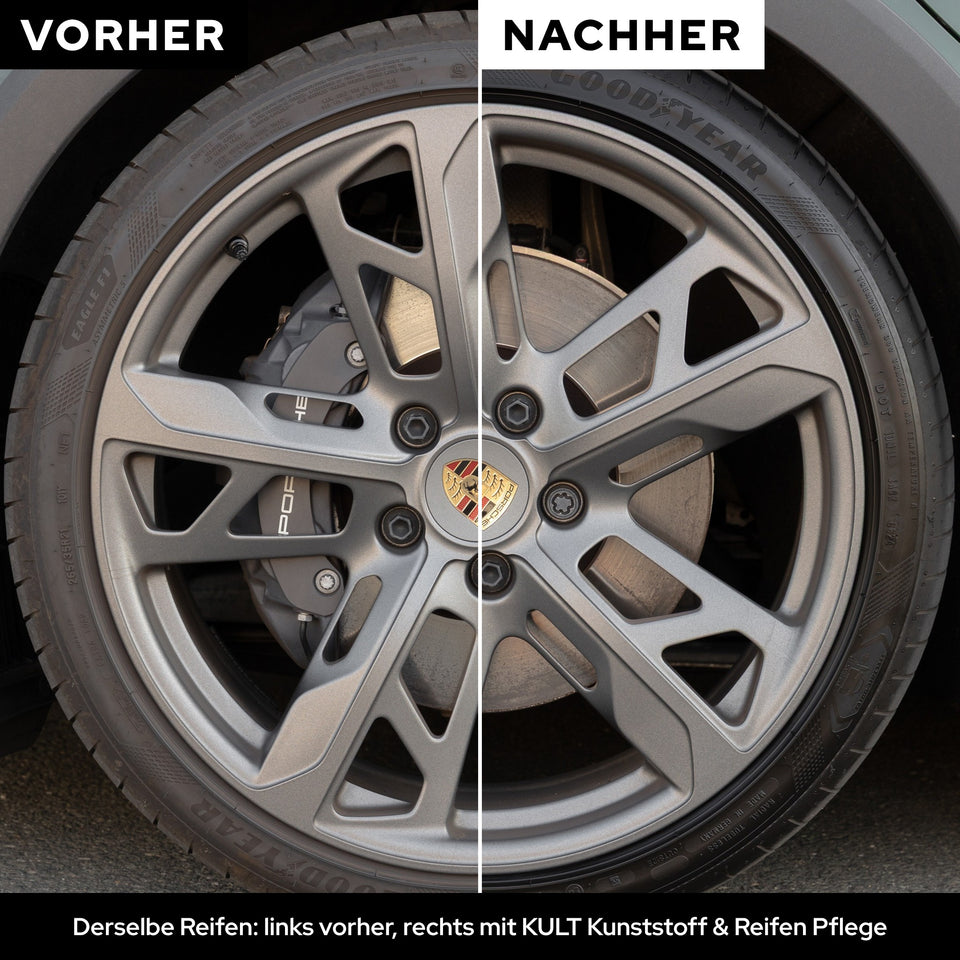 Vorher-Nachher am selben Rad: links grauer Reifen, rechts satt schwarz mit KULT Kunststoff & Reifen Pflege