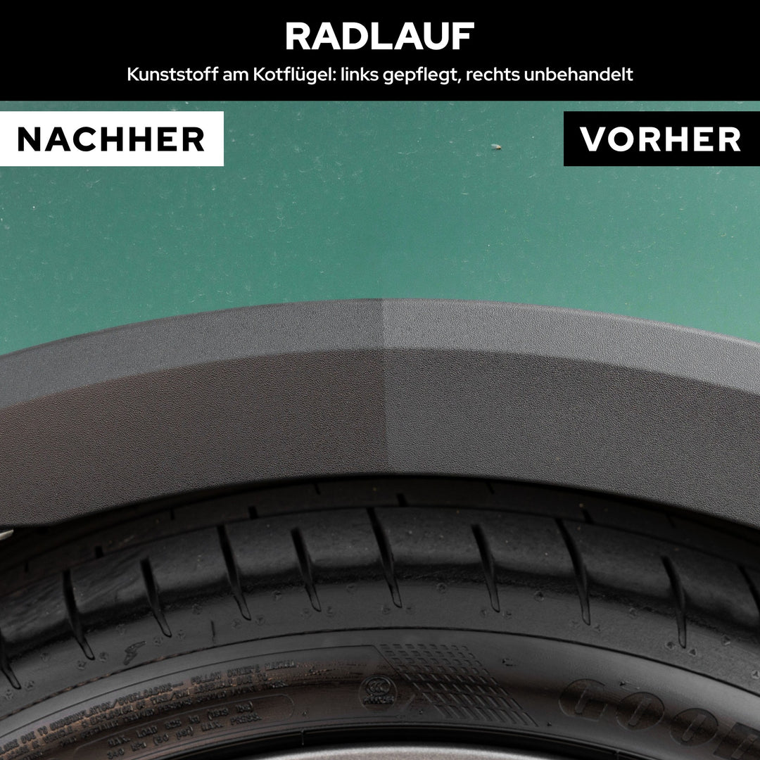 Radlauf-Kunststoff mit Trennkante: links satt schwarz mit KULT Kunststoff & Reifen Pflege, rechts grau unbehandelt