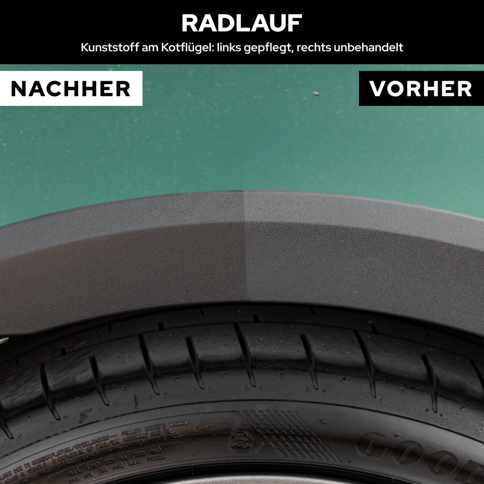Radlauf-Kunststoff mit Trennkante: links satt schwarz mit KULT Kunststoff & Reifen Pflege, rechts grau unbehandelt