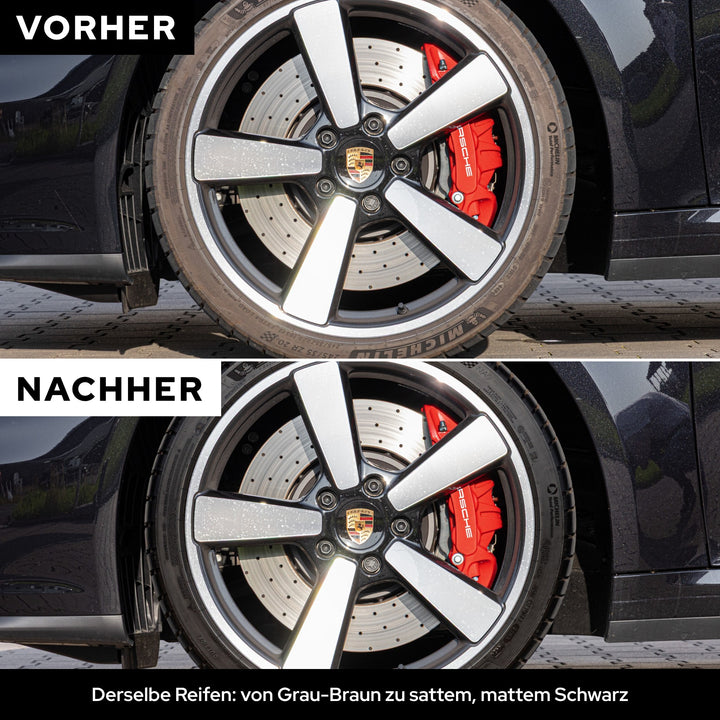 Vorher-Nachher am selben Reifen: oben grau-braune Flanke, unten sattes mattes Schwarz nach KULT Kunststoff & Reifen Pflege