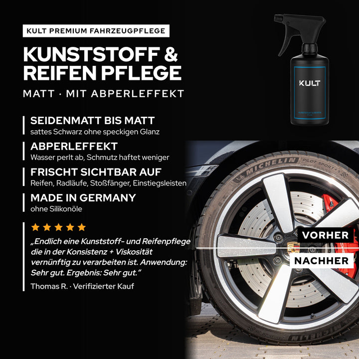 KULT Kunststoff & Reifen Pflege Matt: Reifen oben unbehandelt grau, unten satt schwarz gepflegt, mit Abperleffekt