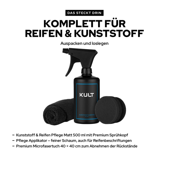 Inhalt KULT Kunststoff & Reifen Pflege Set: Pflege Matt 500 ml, Pflege Applikator, Premium Microfasertuch 40 × 40 cm