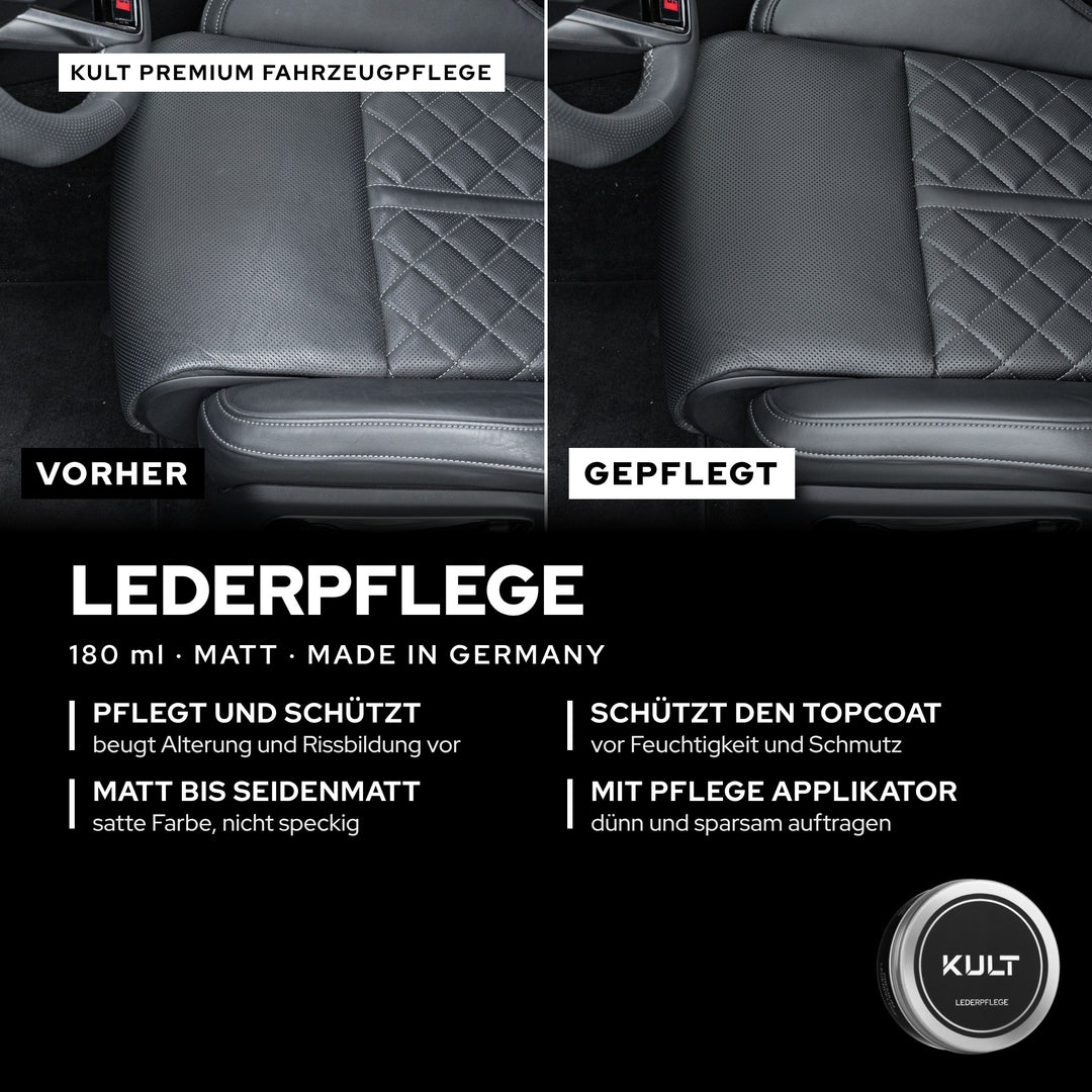 KULT Premium Lederpflege 180 ml: schwarzer Ledersitz vorher grau und speckig, gepflegt satt und matt, Made in Germany