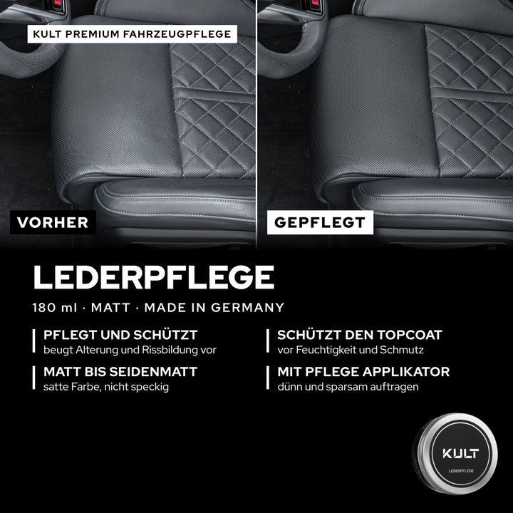 KULT Premium Lederpflege 180 ml: schwarzer Ledersitz vorher grau und speckig, gepflegt satt und matt, Made in Germany