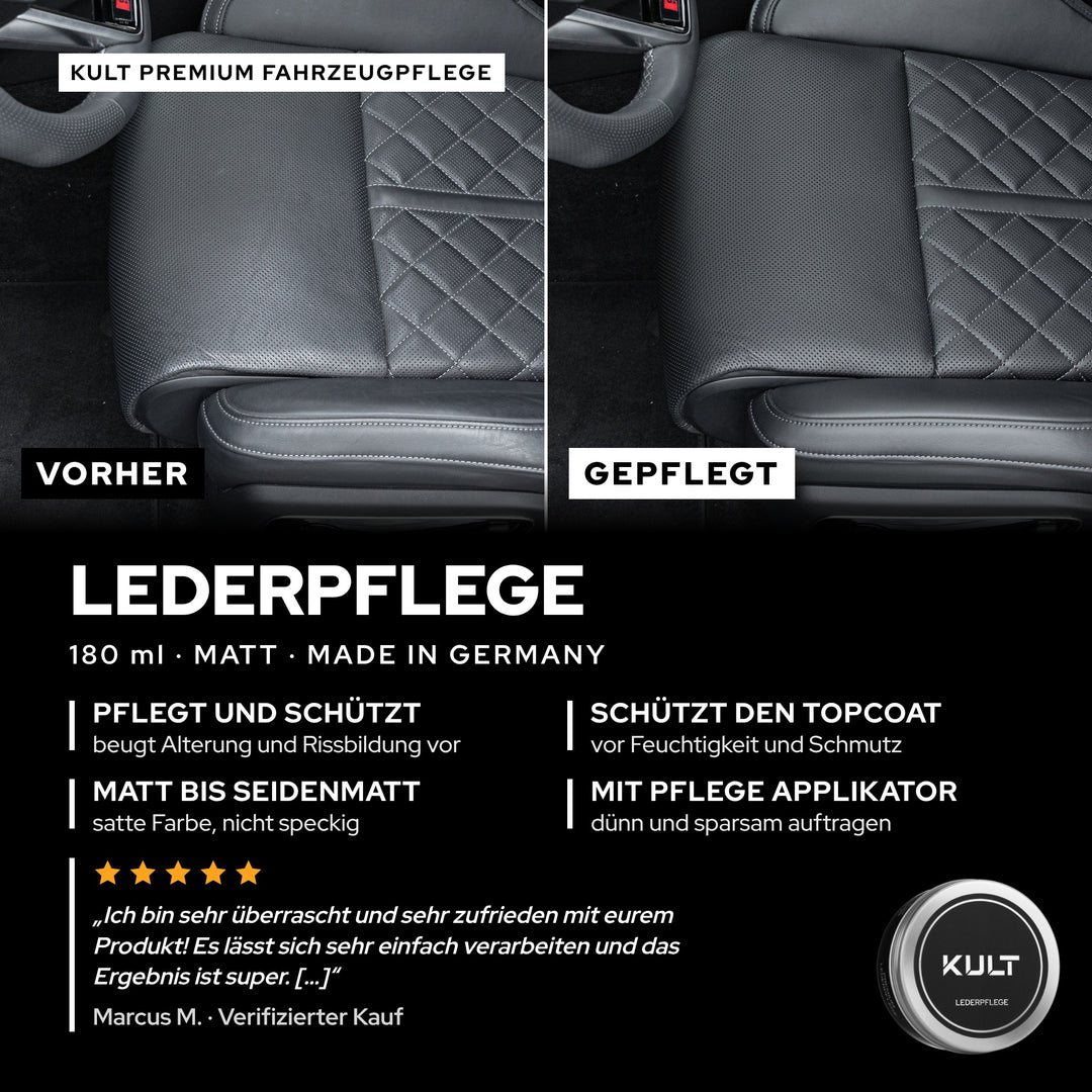 KULT Premium Lederpflege 180 ml: schwarzer Ledersitz vorher grau und speckig, gepflegt satt und matt, Made in Germany