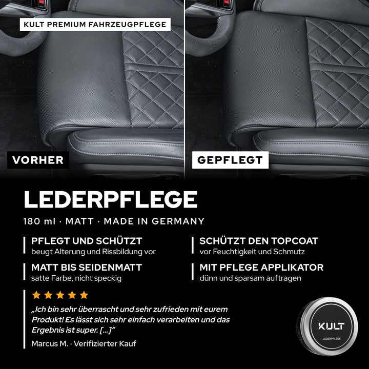 KULT Premium Lederpflege 180 ml: schwarzer Ledersitz vorher grau und speckig, gepflegt satt und matt, Made in Germany