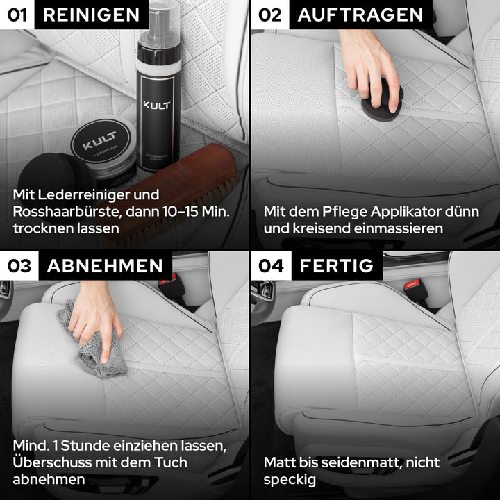 KULT Lederpflege auf hellem Ledersitz: reinigen, trocknen lassen, mit Pflege Applikator auftragen, Überschuss abnehmen
