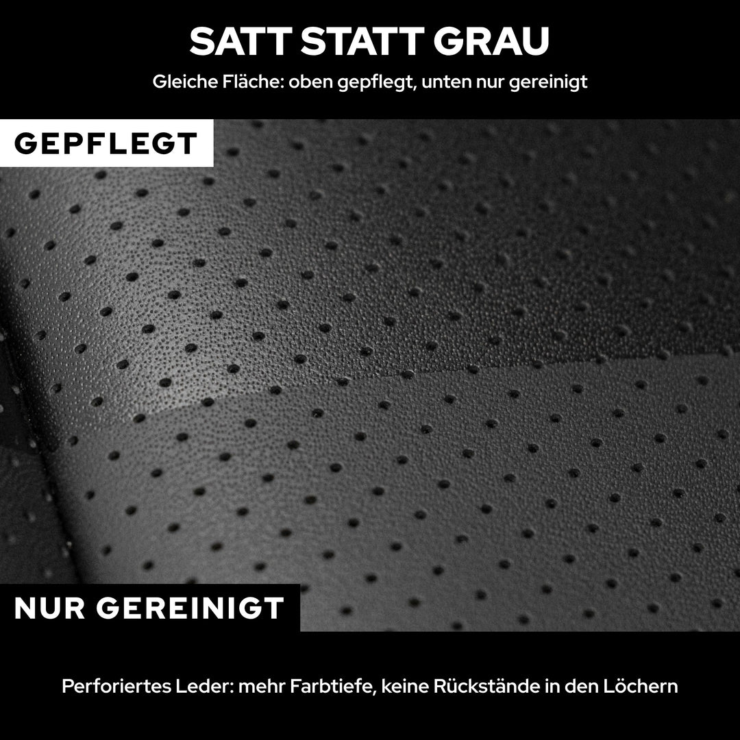 Schwarzes perforiertes Leder mit Trennkante: oben mit KULT Lederpflege gepflegt und satt, unten nur gereinigt