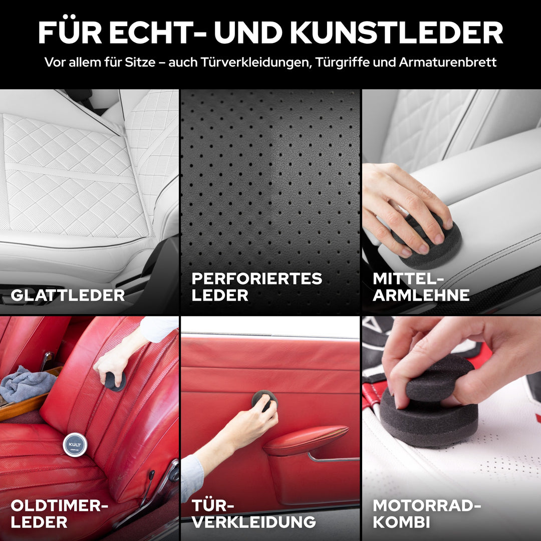 KULT Lederpflege für Glattleder, perforiertes Leder, Mittelarmlehne, Oldtimer-Leder, Türverkleidung und Motorradkombi