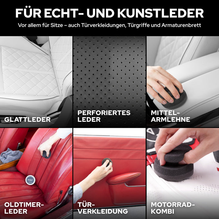 KULT Lederpflege für Glattleder, perforiertes Leder, Mittelarmlehne, Oldtimer-Leder, Türverkleidung und Motorradkombi