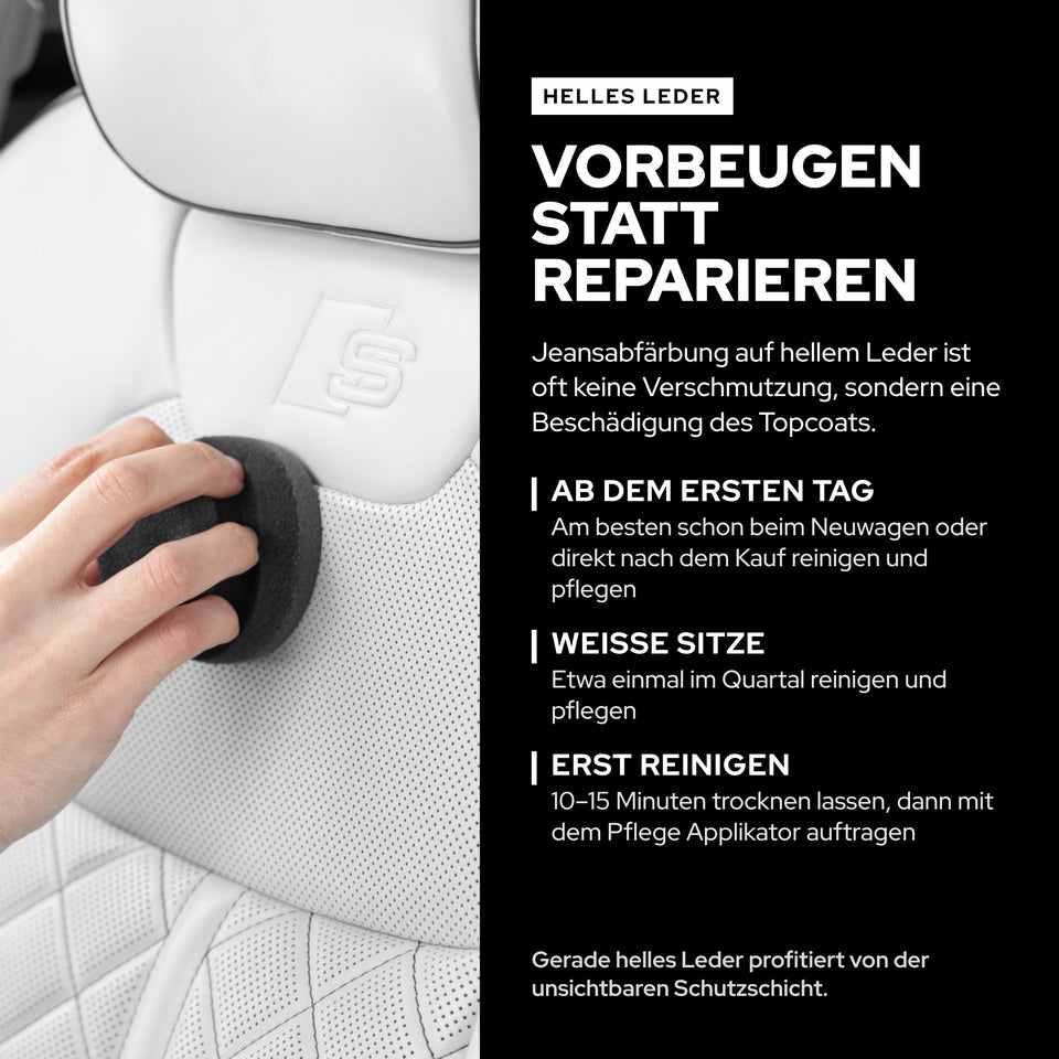 Pflege Applikator an heller Ledersitzlehne: KULT Lederpflege schützt helles Leder vorbeugend vor Jeansabfärbung