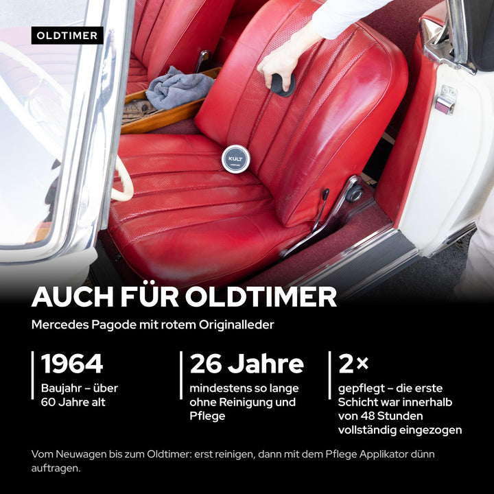 Roter Oldtimer-Ledersitz wird mit KULT Lederpflege und Pflege Applikator gepflegt, Dose auf dem Sitz
