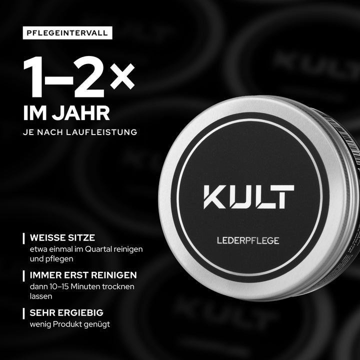 Große Dose KULT Lederpflege 180 ml: ein- bis zweimal im Jahr pflegen, weiße Sitze etwa einmal im Quartal