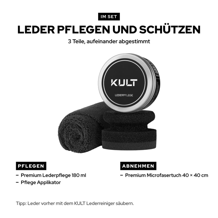 Inhalt KULT Lederpflege Set: Premium Lederpflege 180 ml, Pflege Applikator und Premium Microfasertuch 40 × 40 cm